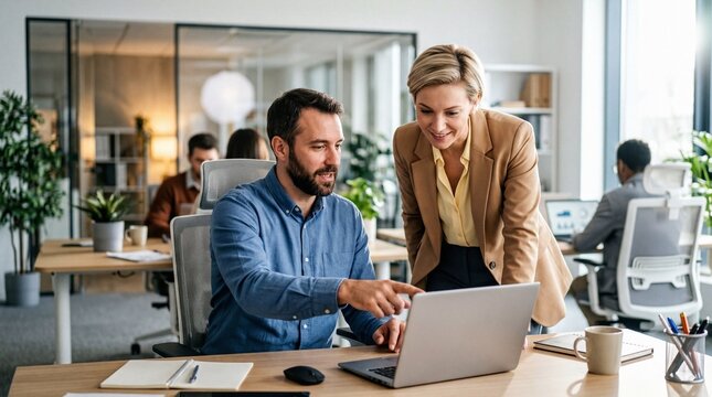 Two professional colleagues collaborating over a laptop in a modern open-plan office.
