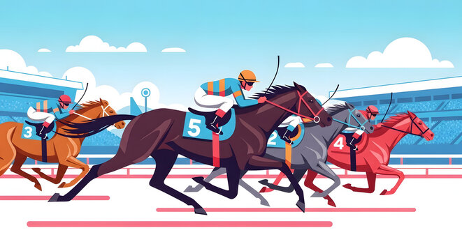 Vector illustration of horse racing scene, bold colors, clean lines, dynamic motion