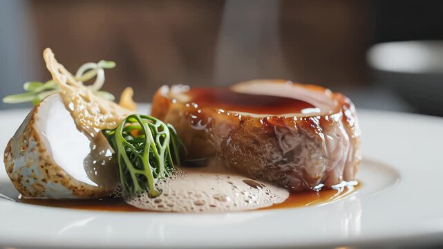 Close up of pouring rich gravy over a gourmet plated meat roulade dish with culinary foam and microgreens in a fine dining restaurant