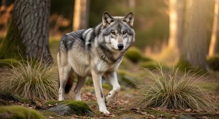 Obraz premium Gray wolf walking in a sunlit autumn forest, looking at camera