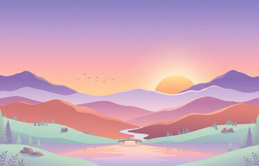 Obraz premium Beautiful mountain landscape with river at sunset in pastel vector art style