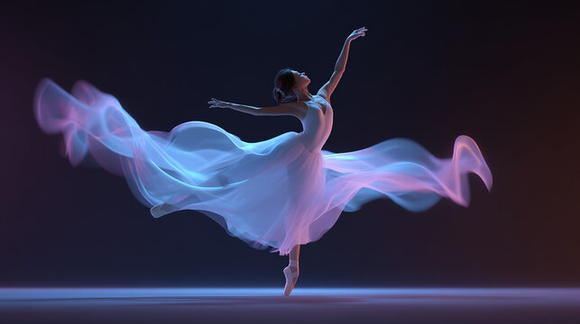Graceful ballerina dancing in a flowing white dress with ethereal blue and pink lighting effects on a dark background