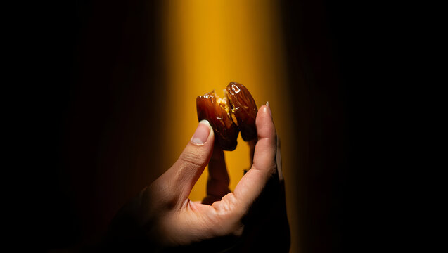 ​A close-up shot of hands carefully opening a ripe date fruit over a small white plate, captured under warm natural sunlight on a marble surface.