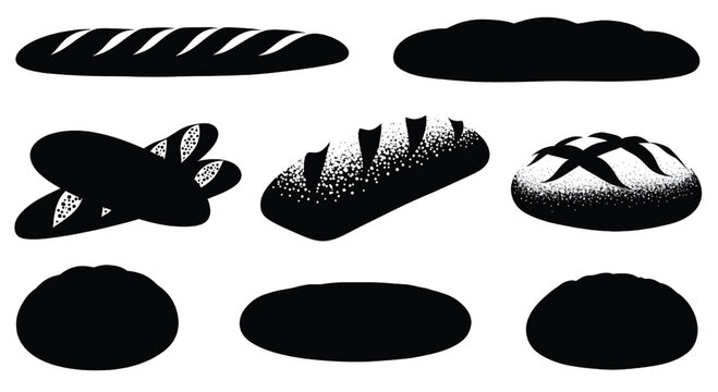 A collection of various bread shapes and types in black silhouette on a white background,