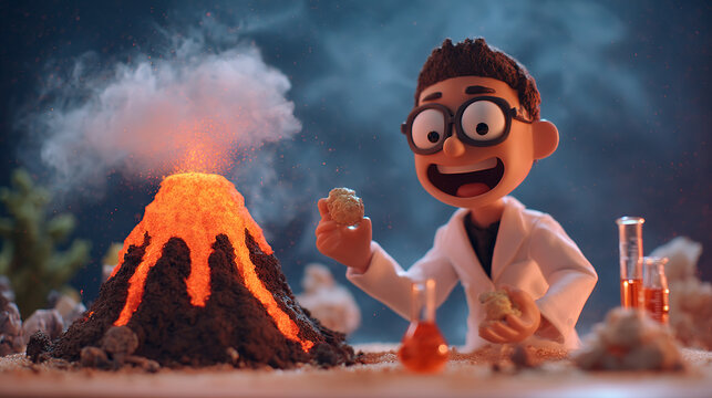 A 3d animated scientist character holding a rock near a miniature erupting volcano model with laboratory equipment on a table