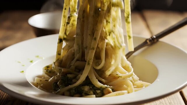 Steaming pasta with pesto and pine nuts being eaten with forks on a white plate