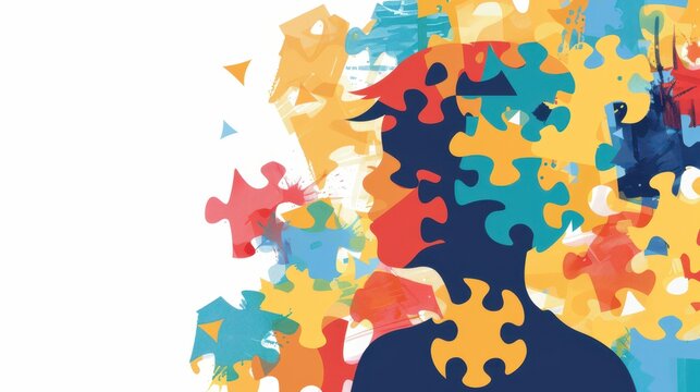 Autism awareness day celebration with vibrant puzzle piece design. World ADHD Awareness Day. Mental health concept. Attention deficit hyperactivity disorder. Horizontal banner. Copy space