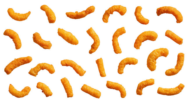 カリカリ食感のチーズスナックの集合体。おやつやパーティーの軽食に最適なスナック菓子の素材。