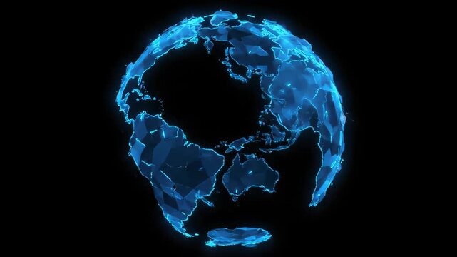 Rotating Blue Wireframe Earth Hologram on Black Background