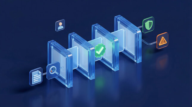 3D isometric data verification pipeline with search documents identity approval security and warning stages in digital compliance process
