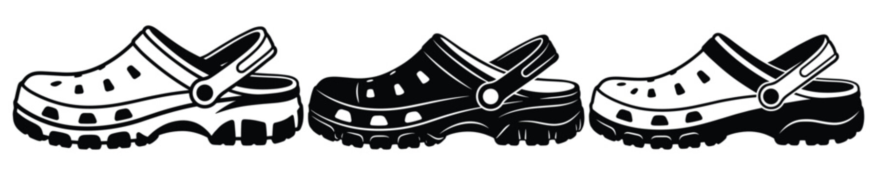 Three crocs shoes in different styles isolated on white background