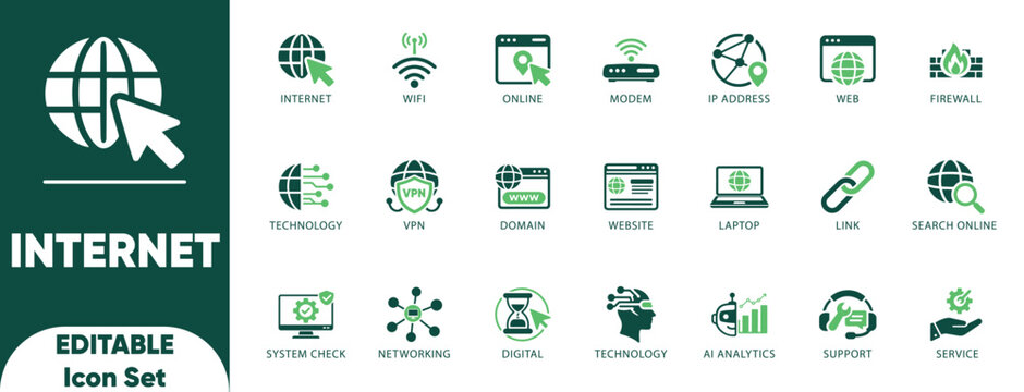 Internet icon set. computing, domain, firewall, hosting, link, network, modem, router, website, connection, illustration, and solid icons.