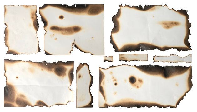 Several pieces of paper showing burnt edges and brown stains