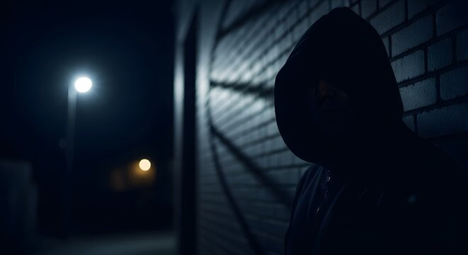 Mysterious hooded figure lurking in the dark, silhouetted against a brick wall with a distant streetlight