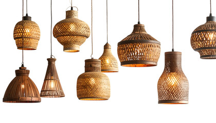 Obraz premium Various handcrafted pendant lamps with woven shades against a black background