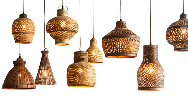 Various handcrafted pendant lamps with woven shades against a black background