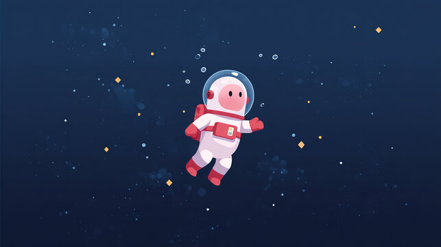 Cute astronaut floating in deep space, minimalist vector illustration of a space explorer character in a suit among stars and cosmic bubbles