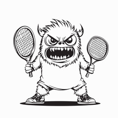 Cute Monster Character Holding Tennis Rackets In Both Hands Vector © Sutarno