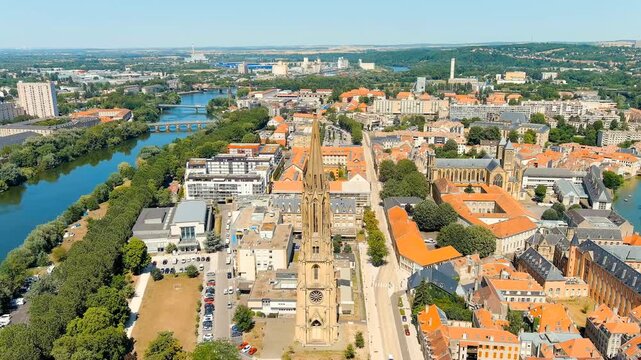 Metz, France. Temple de La Garrison de Metz. View of the historical city center. Summer, Sunny day. Drone footage