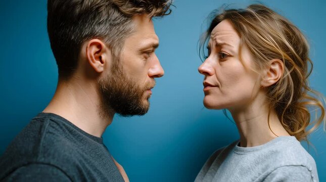 A man and a woman on a plain blue background. Both look deeply sad and powerless. Their shoulders are slouched, their arms hanging down helplessly. They are facing each other, looking into each other&rsquo;