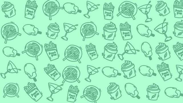 Seamless doodle pattern featuring coffee cups ice cream cones and snacks for backgrounds banners and design projects