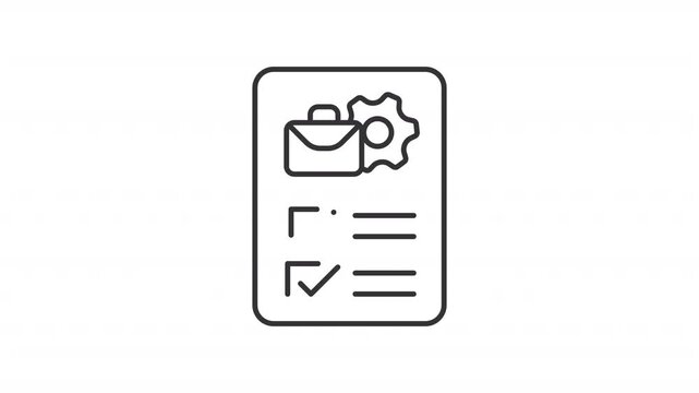 Job description line animation. Corporate planning animated icon. Spinning gear. Complete mark showing up. Workflow organization. Outline element on white background. HD video with alpha channel
