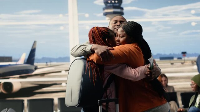 Heartfelt airport send-off with mother and father hugging girl before leaving for university abroad. Solo traveler with luggage prepares for boarding on the plane, emotional farewell in airport.