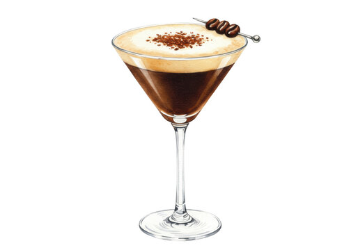 Elegant watercolor espresso martini in a V-glass with creamy foam, cocoa dust, coffee beans on a silver pick, against a stark white background. Concept for gourmet beverage advertising