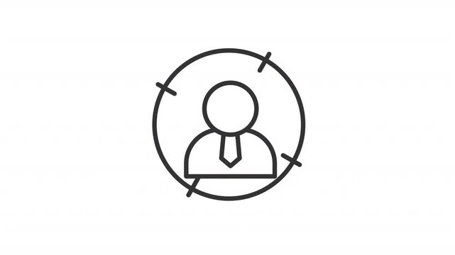 Target audience line animation. Headhunting animated icon. Moving head, rotating scope. Recruitment process. Human resources. Outline element on white background. HD video with alpha channel