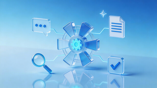 3d isometric saas workflow automation hub with gear document communication search and verification process icons