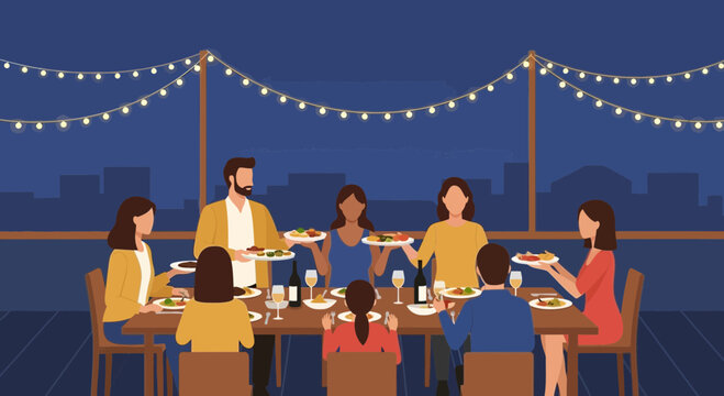 Friends enjoying a rooftop dinner party with string lights and city view