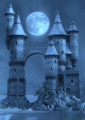 3D Illustration of grand, weathered stone castle with towering turrets  stands over a moat, surrounded by rocks and sparse greenery under a gloomy sky. Ideal for fantasy or medieval themes. © AnnaPa