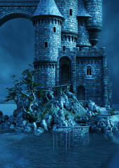 3D Illustration of grand, weathered stone castle with towering turrets  stands over a moat, surrounded by rocks and sparse greenery under a gloomy sky. Ideal for fantasy or medieval themes. © AnnaPa