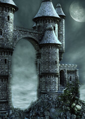 3D Illustration of grand, weathered stone castle with towering turrets  stands over a moat, surrounded by rocks and sparse greenery under a gloomy sky. Ideal for fantasy or medieval themes. © AnnaPa