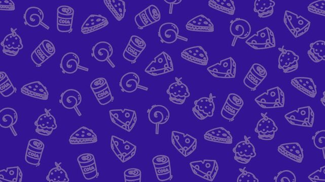 Beautiful purple dessert pattern background with hand drawn icons of pizza donut cupcake and lollipop suitable for videos and design projects
