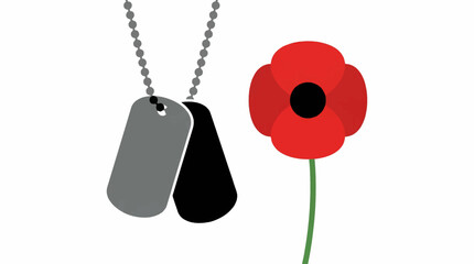 Fototapeta premium Minimalist flat vector of military dog tags and a single red poppy flower on a clean background