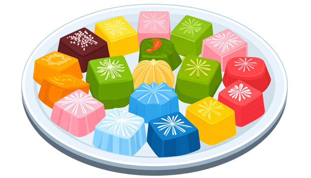 Colorful Indonesian kue lapis and assorted traditional jelly cakes arranged on a plate, featuring vibrant geometric shapes and glossy textures&mdash;perfect for festive dessert and cultural food designs