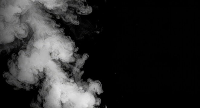 Dense white steam or vapor rising against a black background, creating an abstract and dramatic smoky texture effect for design use, element, movement, abstract