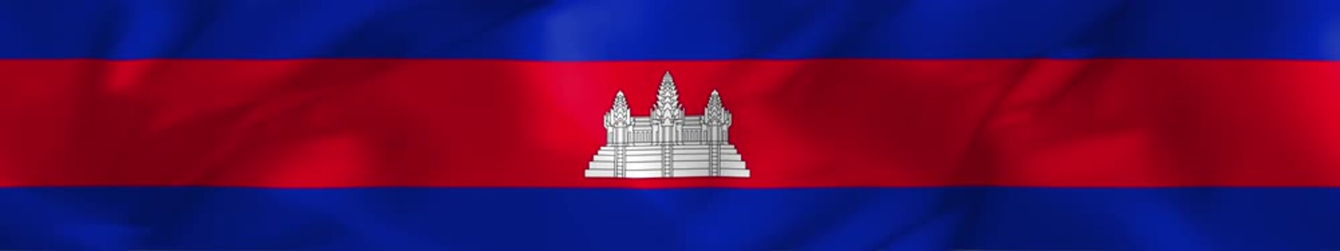 Flag of Cambodia with Angkor Wat Temple Red Blue Stripes Widescreen Loop Animation