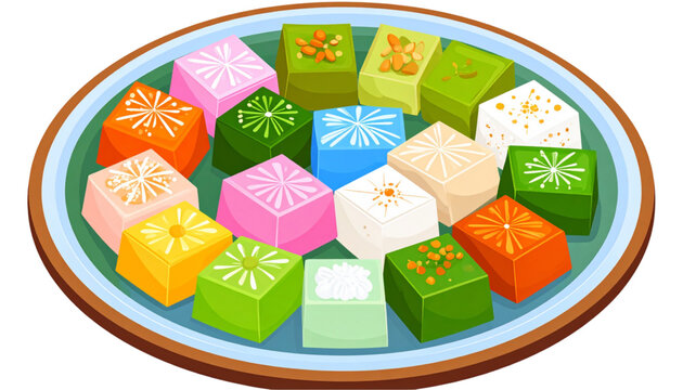 Colorful Indonesian kue lapis and assorted traditional jelly cakes arranged on a plate, featuring vibrant geometric shapes and glossy textures&mdash;perfect for festive dessert and cultural food designs