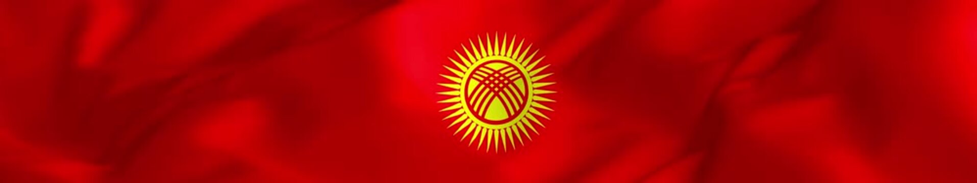 Flag of Kyrgyzstan with Yellow Sun and Tunduk Symbol on Red Background Panoramic Loop Animation