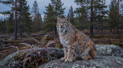 Obraz premium A lynx sits alertly on a rocky outcrop in the boreal forest, its fur patterned with dark spots against a lighter background reflecting the soft twilight light.