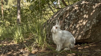 Obraz premium A white rabbit with long fur and large ears stands attentively between moss-covered rocks in a serene forest setting.