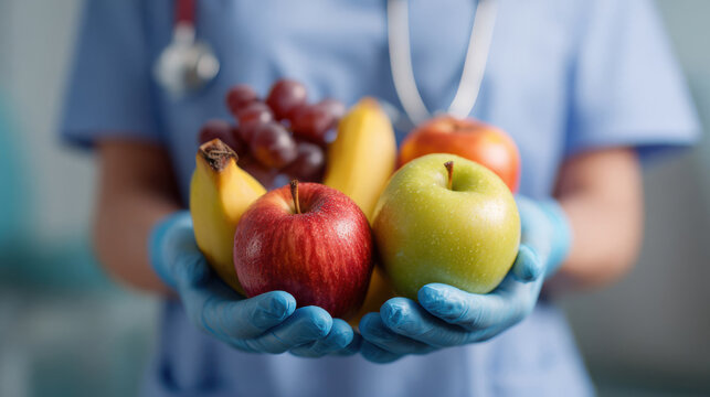 Hands hold a variety of fruits including bananas, apples, and grapes while wearing blue gloves in a clinical setting