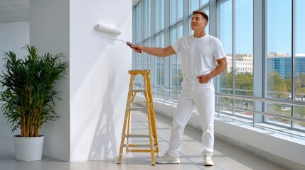 Fototapeta premium Man painting wall with roller, home improvement and renovation