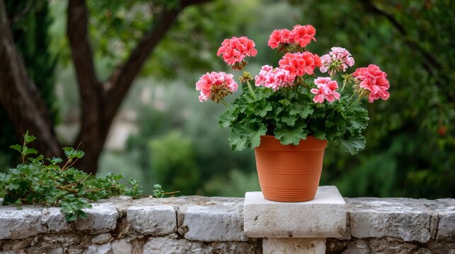Pink geranium flowers blooming in terracotta pot on stone wall