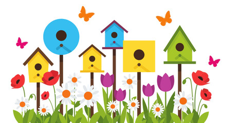 Colorful Birdhouses and Spring Flowers with Butterflies, Garden Decoration © udin