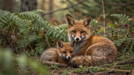 Fototapeta premium A mother fox and her cubs rest together on a forest floor surrounded by ferns and ripe berries in late spring.