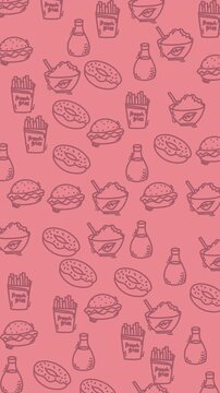 soft pink seamless pattern with line art fast food icons including burgers fries donuts and drinks ideal for branding packaging and backgrounds