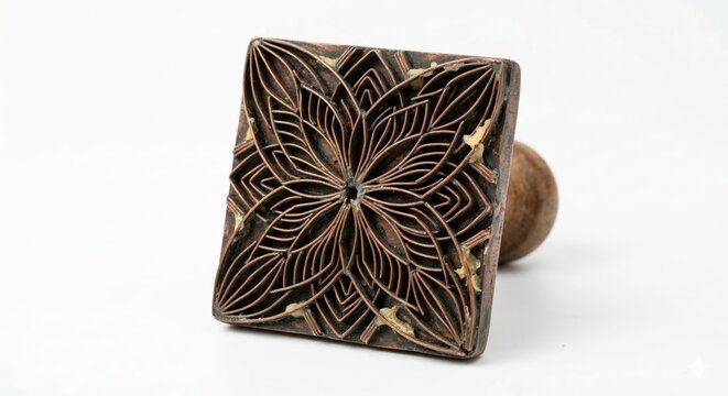 Vintage copper batik stamp tjap with intricate geometric floral pattern macro isolated on white background